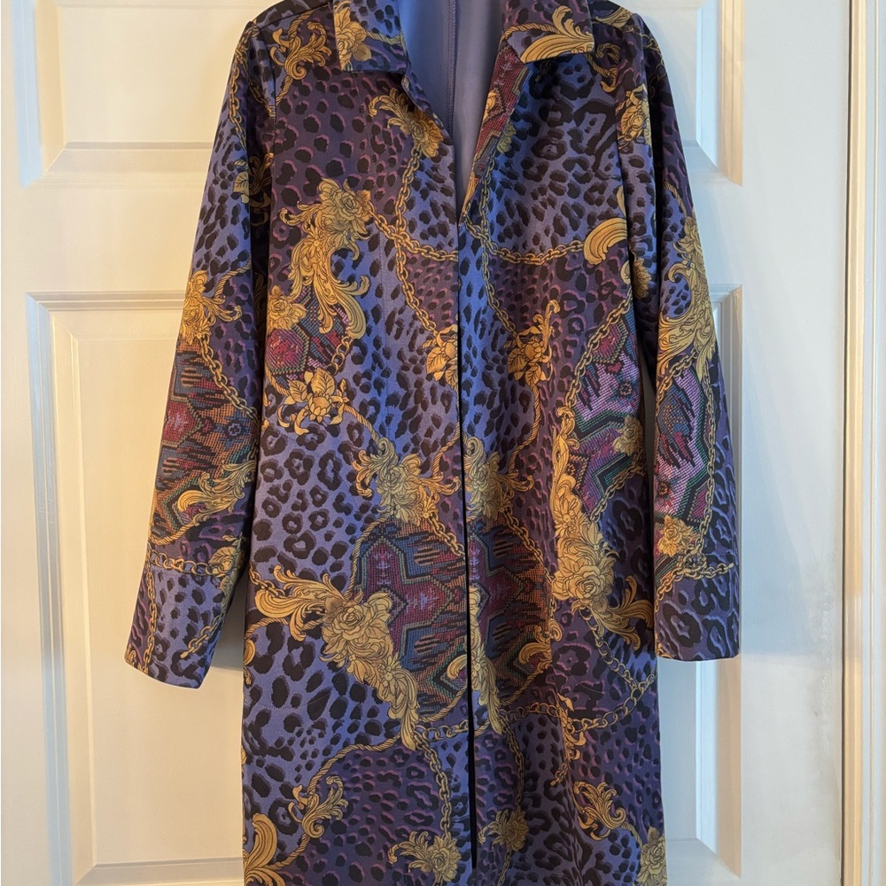 NWOT IMAN Global Chic Purple and Gold Status Print Car Coat Jacket